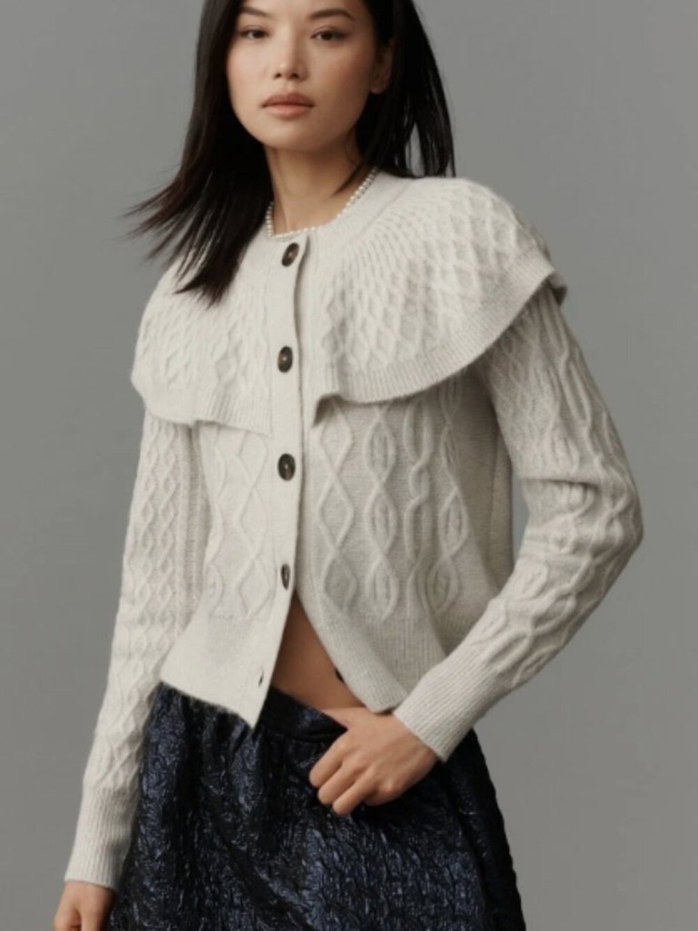Design History Cable-Knit Cape Cardigan Sweater-Grey-Small